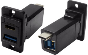 Dual USB-C and USB 3.0 A to B black plastic feedthrough socket