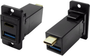 Dual USB-C and USB 3.0 A black plastic feedthrough socket