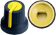 Black K87MAR push fit rotary control knob with yellow marker. 6 mm D shaft CL170826BR