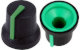 Black K87MBR push fit rotary control knob with green marker. 6 mm spline shaft CL170847CR