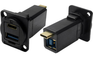 Dual USB-C and USB 3.0 A to B black plastic feedthrough socket