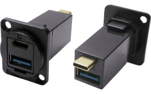 Dual USB-C and USB 3.0 A black plastic feedthrough socket
